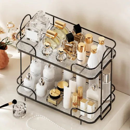 Vista 5 de Organizador de esquina de 2 niveles para encimera de baño, organizador cosmético para el cuidado de la piel, bandeja de perfume para encimera