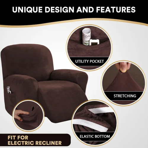 Vista 4 de PrinceDeco Funda para silla reclinable, fundas elásticas de terciopelo para sofá reclinable, estilo de 4 piezas, fundas para sillas reclinables