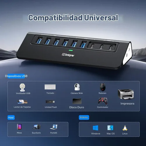 Vista 8 de Hub USB alimentado de 10 Gbps, intpw YH6AC Divisor USB de 9 puertos con USB A/USB C 3.2, 4 USB 3.0, 2 puertos de carga PD de 45 W, adaptador