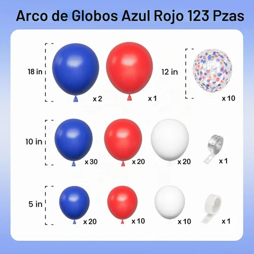 Vista 2 de Kit de guirnalda de arco de globos rojos, blancos y azules, 123 globos de confeti coloridos para cumpleaños, aniversario, baby shower, compromiso