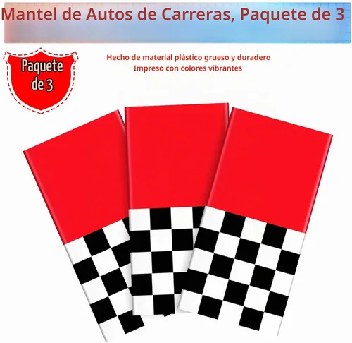 Vista 4 de Paquete de 3 manteles de plástico de auto de carreras, mantel desechable a cuadros rojos y negros, mantel rectangular a cuadros de búfalo