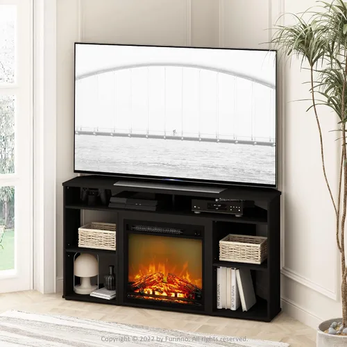Vista 2 de Furinno Jensen - Soporte esquinero para TV de hasta 55 pulgadas, con chimenea, estilo americano