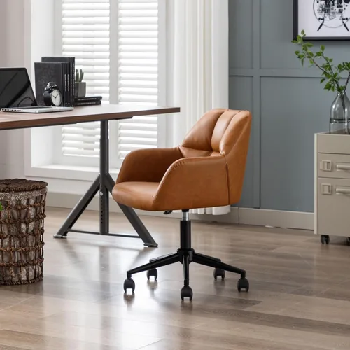 Vista 7 de Silla de oficina en casa marrón con ruedas, silla ajustable para computadora, silla de escritorio giratoria con respaldo medio, silla tapizada