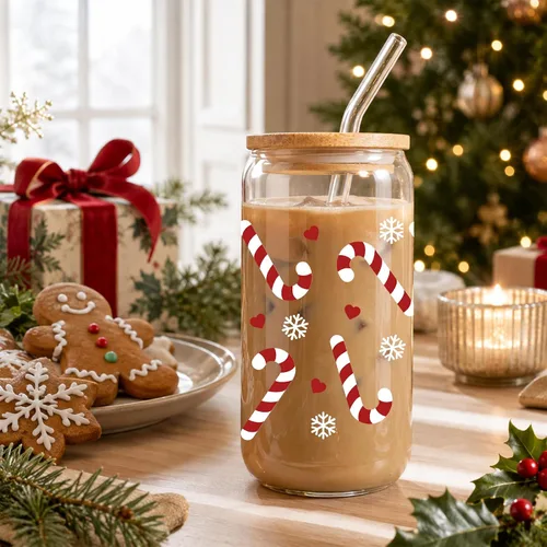 Vista 3 de JEKUGOT Vasos de Navidad para mujeres, vasos de vidrio de 16 onzas con tapa Estilo B