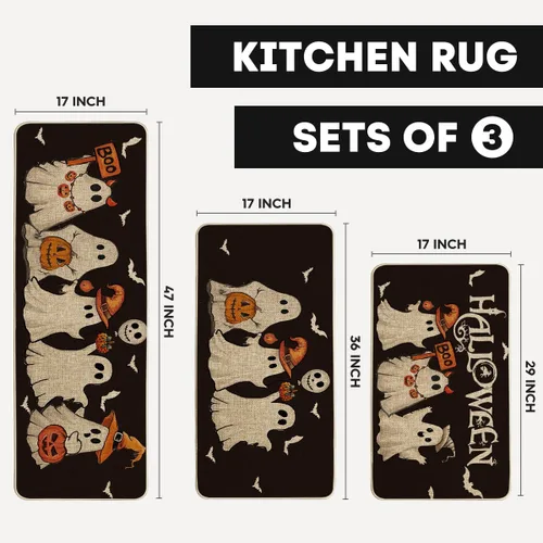 Vista 3 de Artoid Mode Juego de 3 tapetes de cocina de Halloween con diseño de murciélago y calabaza, fantasma, color negro, decoración del hogar, alfombras