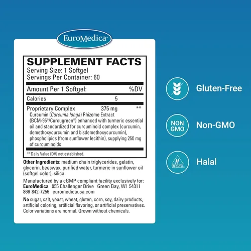 Vista 2 de EuroMedica CuraPro 375 mg – Apoyo a la salud del hígado, corazón y cerebro – Aceite esencial de cúrcuma para el sistema inmunológico y apoyo