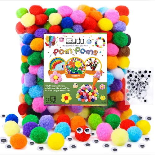 Vista 21 de Caydo 300 pompones negros con 100 ojos ondulados, bolas de pompones de 1 pulgada para niños, proyectos de arte y manualidades, actividades