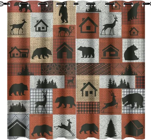 Vista 16 de Cortinas de oscurecimiento estilo campestre con osos, alces y ciervos, cortinas opacas para ventanas con ojales, tratamiento de ventanas eficiente