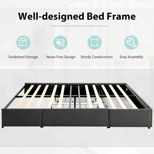 Vista 6 de KOMFOTT Base de cama tamaño Queen con 3 cajones, plataforma tapizada de tela, base de colchón con soporte de listones de madera, no necesita somier