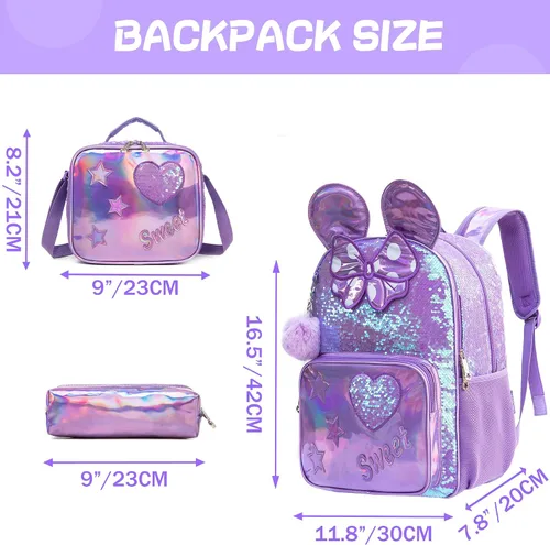 Vista 26 de Mochila para niñas de 16 pulgadas, mochilas para niñas para la escuela, mochila de lentejuelas con lonchera para estudiantes de primaria