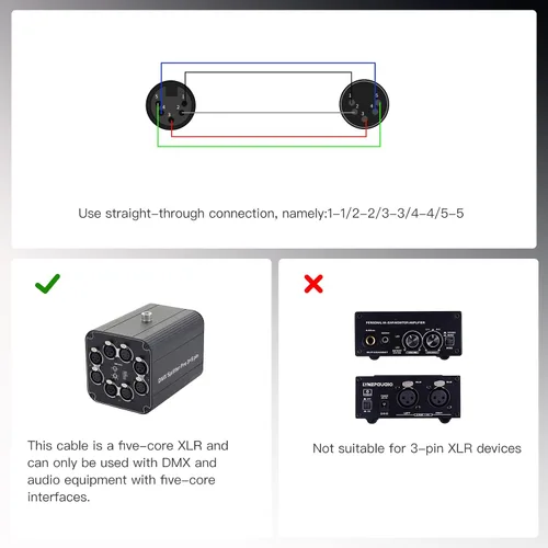 Vista 3 de Cable XLR macho a hembra DMX512 de 1 pie, 5 pines macho a hembra DMX512, DMX-512 XLR de 5 pines macho a hembra, paquete de 2