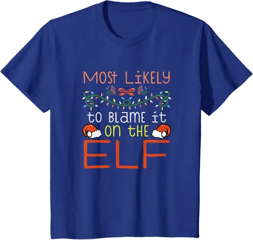 Vista 12 de Camiseta de Navidad familiar a juego con la frase "Most Likely To Blame It On The Elf" Negro