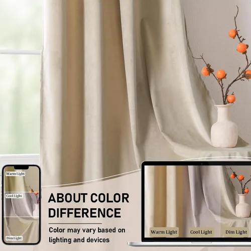 Vista 8 de JIUZHEN Cortinas de terciopelo beige de 63 pulgadas de ancho x 63 pulgadas de largo, cortinas de terciopelo retro suaves con bolsillo para barra