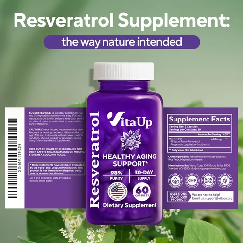 Vista 7 de VitaUp Suplemento de trans-resveratrol – 98% pureza en cápsulas de resveratrol fabricadas en Estados Unidos 600 mg – estandarizado al 98%