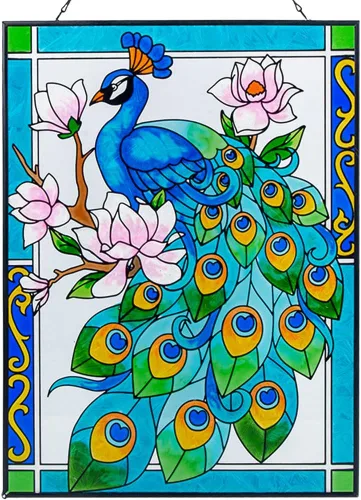Vista 7 de Colgantes de ventana de cristal de pavo real de 11.8 pulgadas, decoración artística de pared de pavo real, panel atrapasoles con cadena (morado)