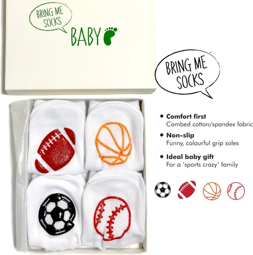 Vista 2 de Set de regalo de calcetines para bebé, regalo para recién nacido para niño o niña, 4 pares de lindos calcetines de estrellas deportivas en caja
