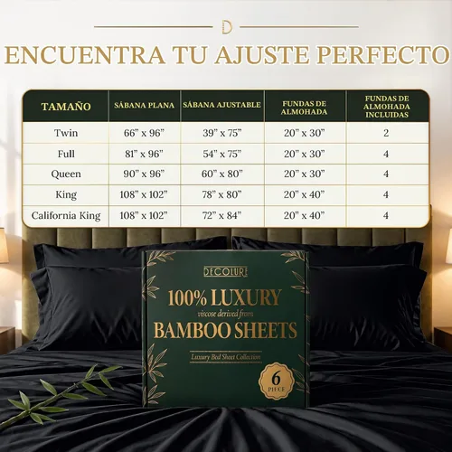Vista 9 de DECOLURE Sábanas de Viscosa 100% Derivada de Bambú Tamaño Full - Juego de Sábanas de Lujo de 6 Piezas Naturalmente Refrescantes, Ultra Suaves Negro