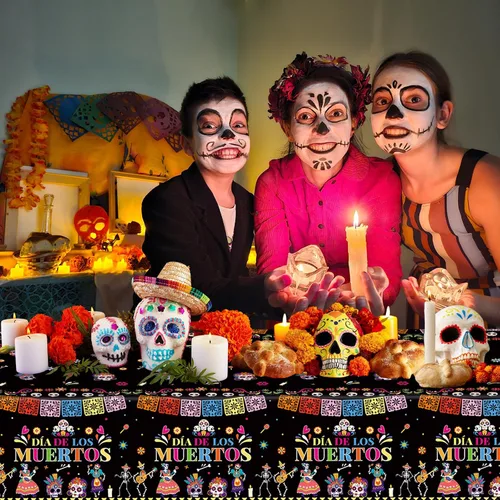 Vista 2 de 2 Piezas Mantel del Día de los Muertos - Mantel de Plástico Dia De Los Muertos, Mantel Desechable con Calavera de Azúcar Floral Cubierta de Mesa