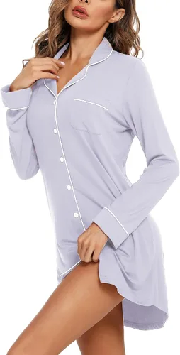 Vista 105 de Samring Camisón de pijama para mujer, manga corta/larga, con botones, camisón para dormir, camisón para novio, talla XXL