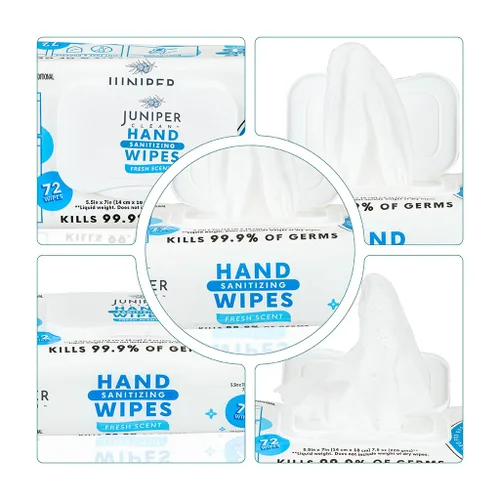 Vista 6 de Juniper CLEAN, 1 paquete de toallitas desinfectantes de manos, 72 toallitas desinfectantes de manos desechables, aroma fresco, sin pelusa y duraderas