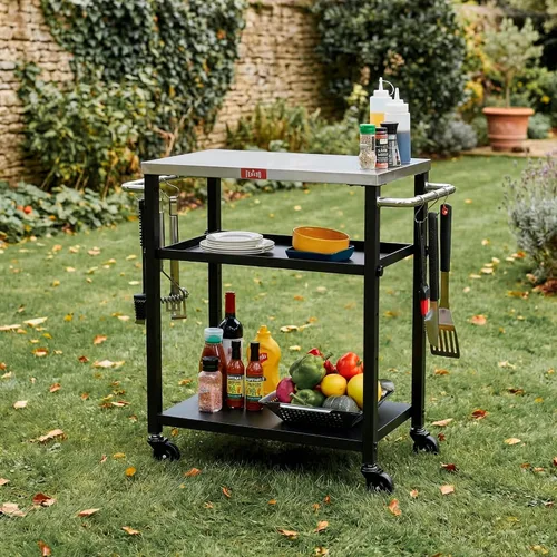 Vista 2 de Feasto Mesa de parrilla de 3 estantes, soporte para horno de pizza con estante, carrito de parrilla para horno de pizza móvil, parrilla