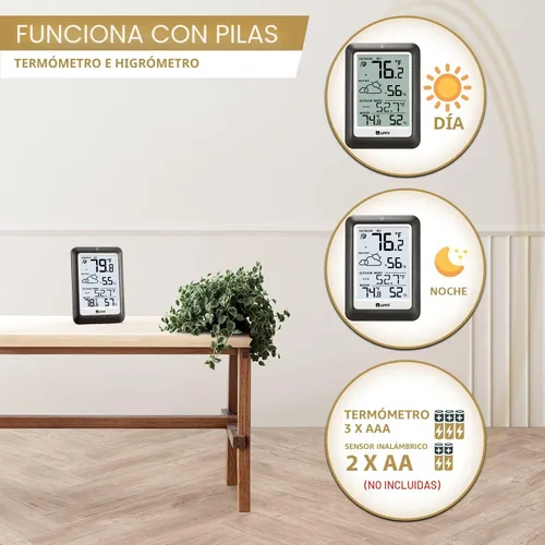 Vista 5 de Termómetro inalámbrico para interiores y exteriores, estación meteorológica inalámbrica, monitor de humedad y temperatura, funciona