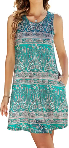 Vista 2 de SimpleFun - Vestido de verano para mujer sin mangas estampado bohemio con bolsillos sueltos