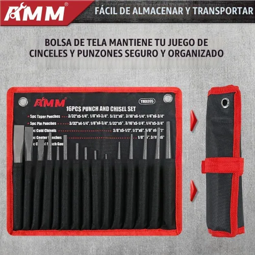 Vista 7 de AMM - Juego de cinceles de perforación de alta resistencia, 16 piezas, Cr-V para metal y madera automotriz