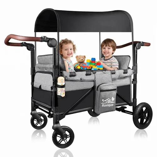 Vista 9 de Cochecito Vagón para 2 Niños, Cochecito Vagón Todo Terreno con Extensor Extra Largo, Vagón de Bebé Plegable de Aluminio con Asientos Convertibles