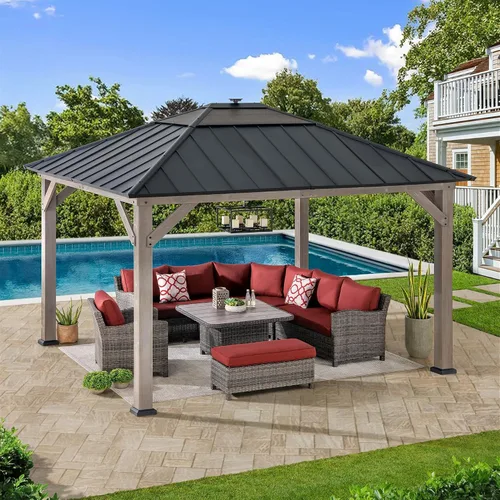 Vista 11 de Kiosco con techo rígido Sunjoy de 9 x 9 pies. Gazebo de madera con estructura de cedro mejorado con techo de acero marrón y policarbonato a dos