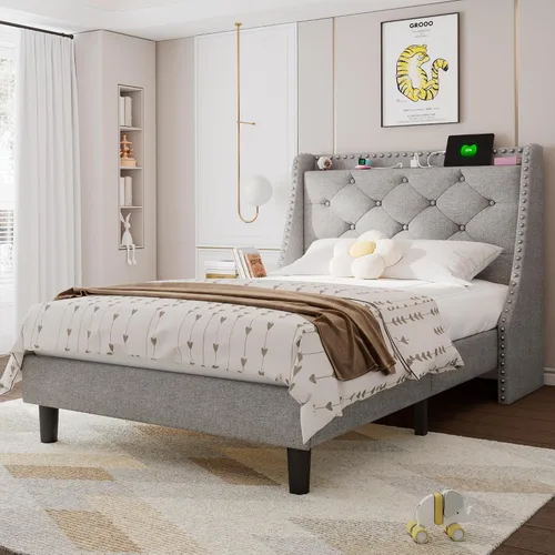 Vista 11 de Feonase - Base de cama tamaño completo con respaldo de alas de lujo y estación de carga rápida, base de cama tapizada con botones y cabecera