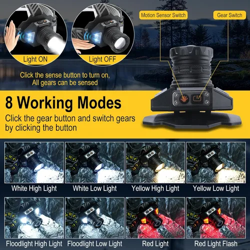 Vista 3 de BORUIT Linterna frontal LED recargable con luz roja, lámpara de cabeza con sensor de movimiento súper brillante con 8 modos, impermeable IPX4, faros