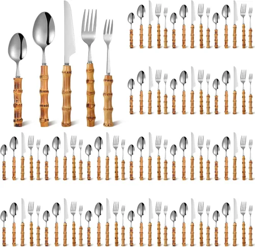 Vista 9 de Eboot Juego de cubiertos de bambú 18/8 de acero inoxidable, juego de vajilla natural, juego de utensilios de cocina, cubiertos con mango de bambú