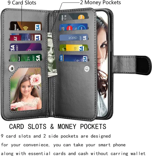 Vista 2 de NJJEX - Funda tipo cartera para iPhone 12 Pro Max, 9 ranuras para tarjetas, color negro Cuero sintético, soporte para tarjeta de crédito