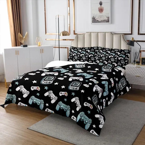 Vista 3 de Castle Fairy Gamepad Bedspread Quilt,Video Gaming Black Bedding Coverlet for All Season Bedroom,Kids Games Consoles Twin Size Coverlet Set with 1