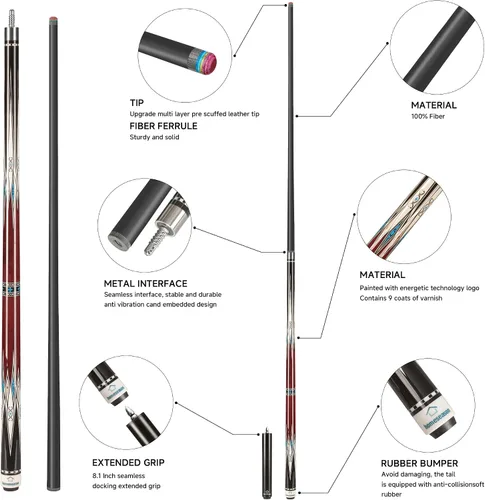 Vista 2 de HomeSeason Carbon Fiber Pool Cue 58" with Leather Bag Extender Extension Rod Professional Pool Stick 4-Layer Tip Low Deflection Cue Stick, 3 *