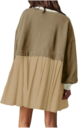 Vista 5 de Womens Fall Dresses Oversized Crew Neck Sweatshirt Dress Long Sleeve Drop Shoulder Pullover Pleated Mini Dress Tops