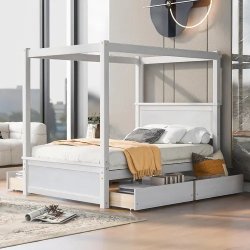 Vista 12 de Cama de plataforma de tamaño matrimonial, cama con dosel de madera con 2 cajones, cama de plataforma con dosel de tamaño matrimonial con listones