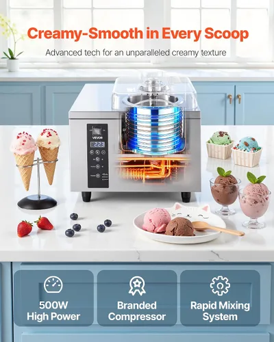 Vista 4 de VEVOR Máquina comercial de helado duro, 500 W, 1.32 galones/hora, heladera de gelato duro con cilindro de acero inoxidable 304 de 2.8 L, panel LED