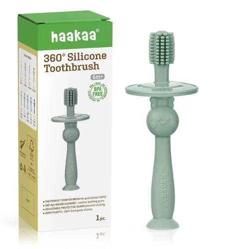 Vista 17 de haakaa Cepillo de dientes para bebé de 360° con base de succión - Limpieza suave para entrenamiento de autocepillado de niños pequeños, silicona