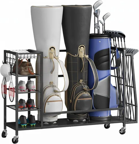 Vista 7 de HOOBRO Golf Bag Storage Garage Organizer, Golf Bag Storage Stand Fits 3 Golf Bags and Golf Equipment Rack with Wheels, Extra Storage Rack for