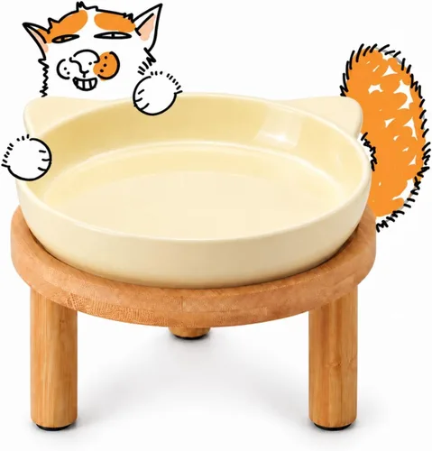 Vista 9 de Cuencos elevados de cerámica para gatos con soporte de bambú, platos elevados de comida para mascotas para gatos y perros pequeños, comedero