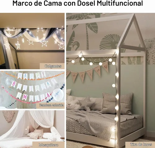 Vista 5 de Merax Cama de casa de madera, cama de piso con listones de madera, no necesita somier, tamaño individual, gris