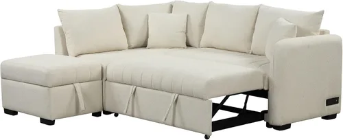 Vista 5 de P PURLOVE Sofá cama modular en forma de L de 82.6 pulgadas, sofá cama convertible con almacenamiento móvil, sofá cama extraíble con dos puertos USB