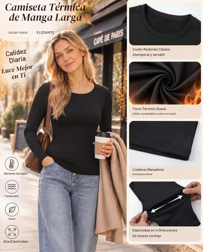 Vista 3 de Jecery 8 piezas de camisas térmicas de manga larga a granel para mujer, conjunto de camiseta térmica de cuello redondo, ropa interior de invierno
