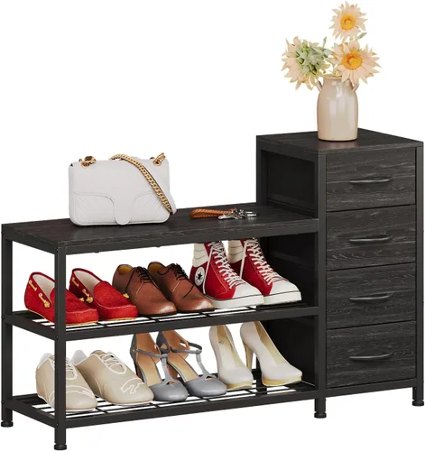 Vista 4 de EXOTICA Banco de entrada de 3 niveles con almacenamiento para zapatos, banco con 4 cajones de tela, marco metálico y tablero de madera, zapatero