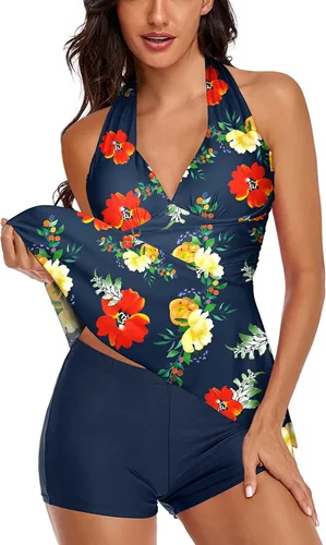 Vista 3 de Omichic Traje de baño tankini halter de dos piezas para mujer, con control de abdomen, cuello en V, con pantalones cortos