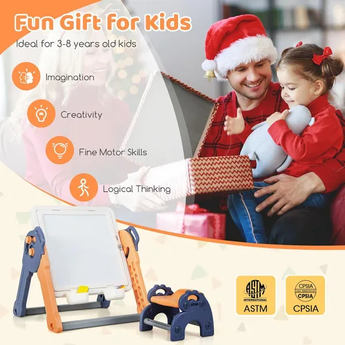 Vista 9 de Costzon Juego de mesa y silla 6 en 1 para niños, caballete de arte plegable con marcadores, borrador, 102 ladrillos compatibles, mesa de bloques