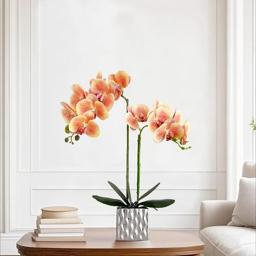 Vista 5 de Orquídeas artificiales Floreros de plata, orquídeas artificiales, orquídea naranja, altura 20 pulgadas