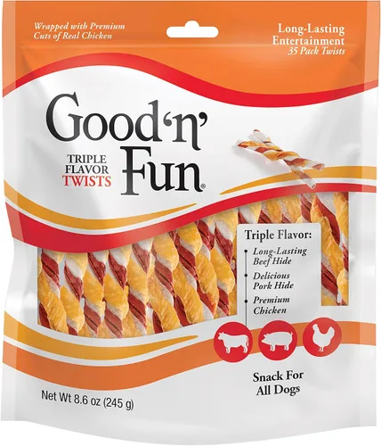 Vista 13 de GOOD 'N' FUN Giros de triple sabor con masticables Bully, golosinas para perros con alto contenido de proteínas para todos los perros adultos